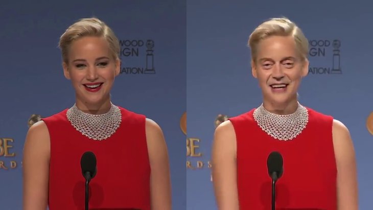 Deepfake example of a viral clip of Jennifer Lawrence with Steve Buscemi’s face. (Courtesy of MobyGeek)